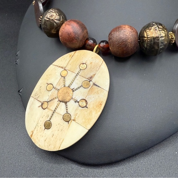 Vintage Handcrafted Carved Camel Bones with Brass Inlayed Wooden Beaded Necklace - Picture 4 of 17